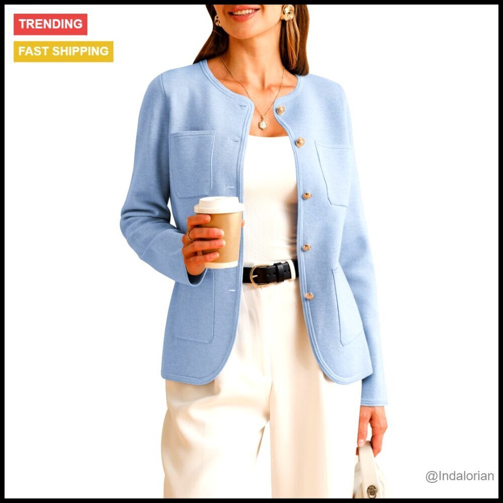 Wool Blend Blazer Collarless Classic Business Casual Jacket with Pockets